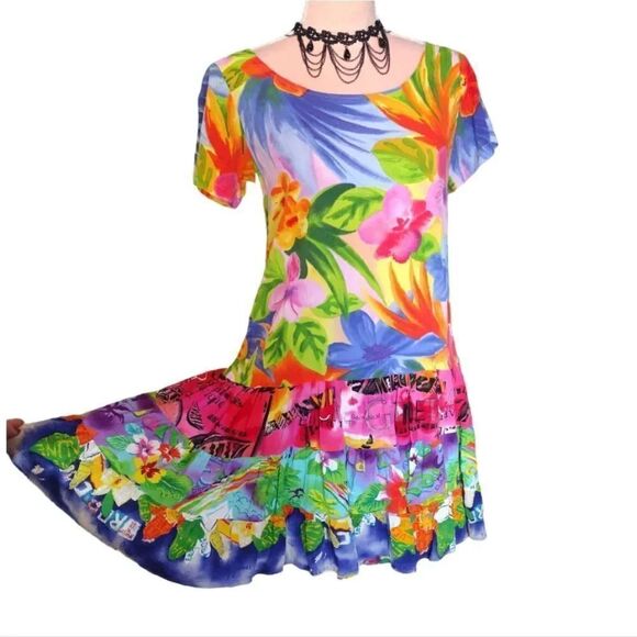 Jams World VTG 90s Bright Tropical Floral Hattie Mini Dress Small - Picture 8 of 13